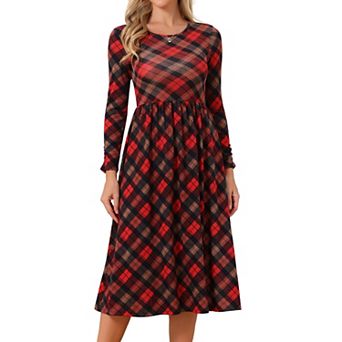 Women's Plaid Dresses Long Sleeve Crew Neck High Waisted Stretchy A Line Gingham Casual Midi Dress