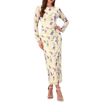 Women's Floral Bodycon Dress Long Sleeve Ruched Boat Neck Cocktail Maxi Mesh Dress