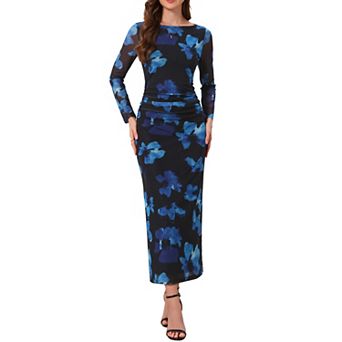 Women's Floral Bodycon Dress Long Sleeve Ruched Boat Neck Cocktail Maxi Mesh Dress