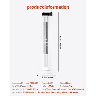 40" Tower Fan, 22ft/s High Velocity, 70° Oscillation, 3 Speeds, 9H Timer & Remote for Home Office
