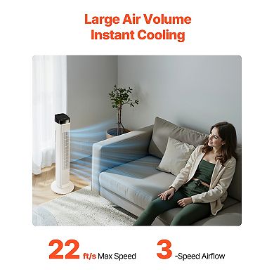 40" Tower Fan, 22ft/s High Velocity, 70° Oscillation, 3 Speeds, 9H Timer & Remote for Home Office