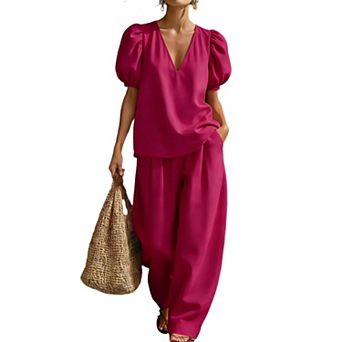 Women's 2 pc Outfits v-Neck 3/4 Sleeve Tops and Wide Leg Pants Set Casual Loungewear for Vacation