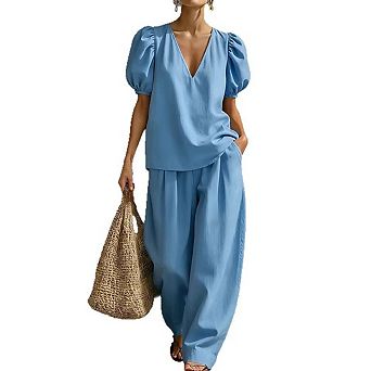 Women's 2 pc Outfits v-Neck 3/4 Sleeve Tops and Wide Leg Pants Set Casual Loungewear for Vacation