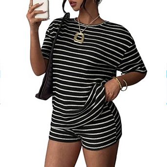 Women 2 pc Sets Striped Color Block Short Sleeve t Shirt and Shorts Loungewear Matching Clothes