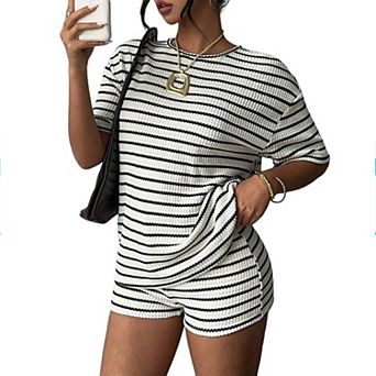 Women 2 pc Sets Striped Color Block Short Sleeve t Shirt and Shorts Loungewear Matching Clothes