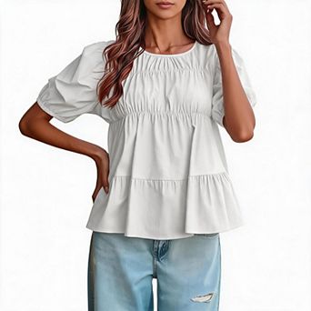 Puff Short Sleeve Shirts for Women Crew Neck Tops Casual Loose Summer Blouse
