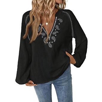 Women's Prairie Linen Peasant Blouses Casual Boho Embroidered Long Sleeve Shirt Going Out Outfits