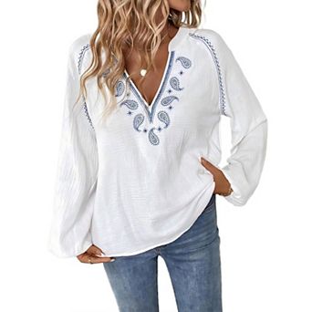Women's Prairie Linen Peasant Blouses Casual Boho Embroidered Long Sleeve Shirt Going Out Outfits