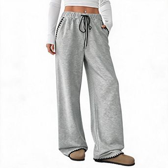 Womens Wide Leg Sweatpants Elastic Drawstring High Waist Pants Pocket Trim Casual Lounge Trousers