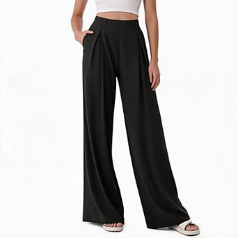 Womens Pleated Wide Leg Dress Pants High Waist Full Length Office Casual Trousers with Pocket