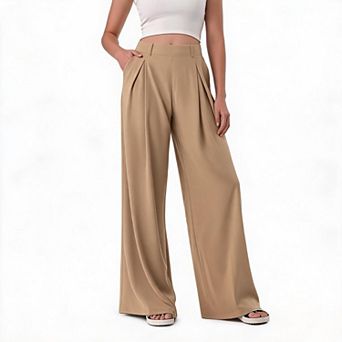 Womens Pleated Wide Leg Dress Pants High Waist Full Length Office Casual Trousers with Pocket