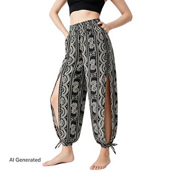 Women's Harem Yoga Pants Boho Flowers Printed High Waist Side High Split Knot Hem Flowy Long Pants