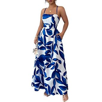 Women's Sleeveless Floral Print Maxi Dress Ruffle Flowy Spaghetti Strap Sundress with Pockets