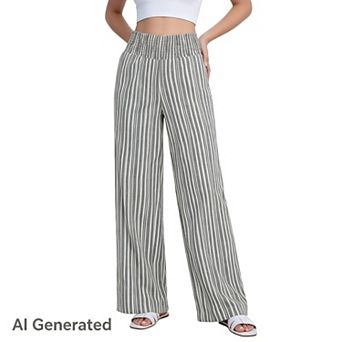 Womans Stripe Palazzo Pants Wide Elastic High Waist Casual Wide Leg Lounge Trousers with Pockets