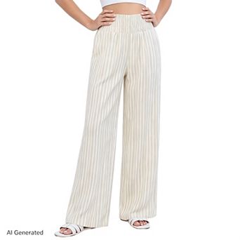 Womans Stripe Palazzo Pants Wide Elastic High Waist Casual Wide Leg Lounge Trousers with Pockets