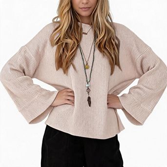 Womens Ribbed Long Sleeve Tops Cutout Back Bell Cuff Drop Shoulder Loose Casual Shirts