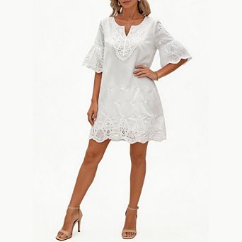 Women’s Hollow Out Embroidered Lace V Neck Short Sleeve Mini Dress Fashion Casual Party Short Dress