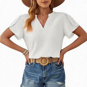 Womens Swiss Dot Blouse Split V Neck Ruffle Short Sleeve Loose Summer Top For Vacation Daily Wear