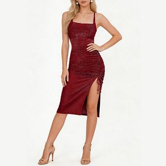 Women's Square Neck Ruched Bodycon Midi Dress Glitter Side Slit Night Club Party Dress