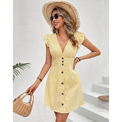 Women’s Striped V Neck Flutter Ruffle Short Sleeve Button Front Mini Sundress Summer Casual Dress