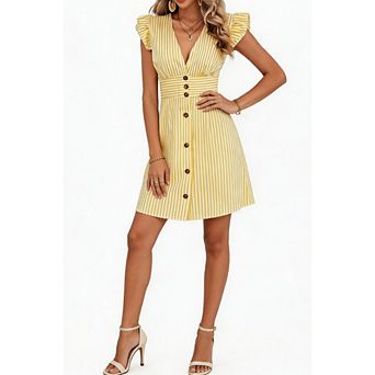Women’s Striped V Neck Flutter Ruffle Short Sleeve Button Front Mini Sundress Summer Casual Dress