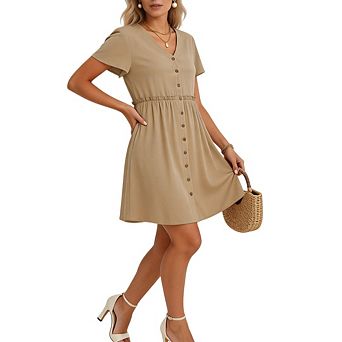Women's Summer V Neck Button Down Flutter Sleeve Ruffle Flowy Midi Casual Vacation Dress