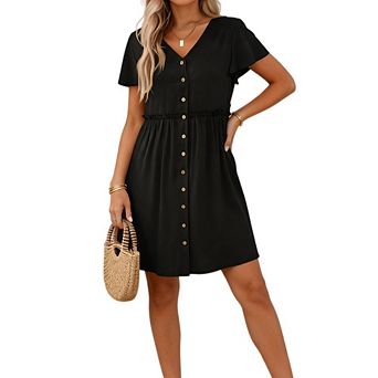 Women's Summer V Neck Button Down Flutter Sleeve Ruffle Flowy Midi Casual Vacation Dress