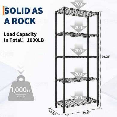 Heavy Duty 5 Tier Adjustable Wire Shelving Unit 29"W x72"H x13.7"D 1000Lbs Metal Storage Rack