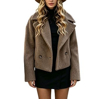 Women's Notched Lapel Double Button Cropped Wool Blend Coat Wide Long Sleeve Solid Short Outerwear