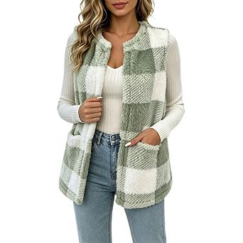 Women's Sleeveless Plaid Fleece Vest Open Front Dual Sided Fluffy Gilet With Side Pockets