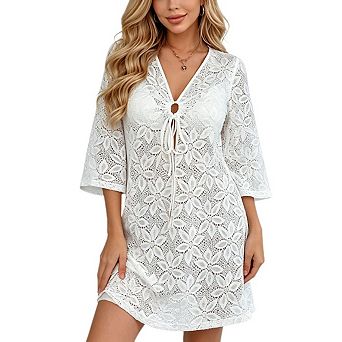 Women's 3/4 Sleeve Deep V Tie Front Hollow Knit Cover Up Dress Side Split Beach Swim Cover