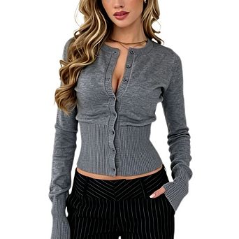 Women Crew Neck Button Front Ribbed Waist Cropped Cardigan Long Sleeve Slim Fit Knit Layering Top