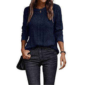 Women Crew Neck Ribbed Long Sleeve Swaeter Irregular Curved Hem Casual Slim Fit Tee