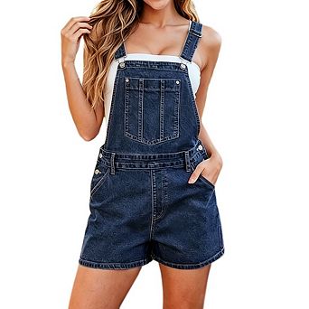 Women Adjustable Strap Denim Overall Shorts Loose Straight Leg Multi Pocket Casual Short Jumpsuit
