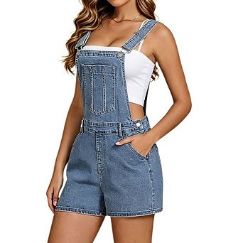 Women Adjustable Strap Denim Overall Shorts Loose Straight Leg Multi Pocket Casual Short Jumpsuit