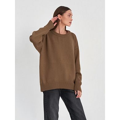 Women Crew Neck Drop Shoulder Oversized Knit Pullover Solid Loose Long Sleeve Casual Sweater Top