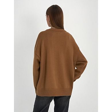 Women Crew Neck Drop Shoulder Oversized Knit Pullover Solid Loose Long Sleeve Casual Sweater Top