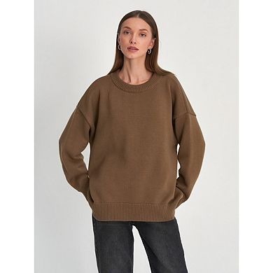 Women Crew Neck Drop Shoulder Oversized Knit Pullover Solid Loose Long Sleeve Casual Sweater Top