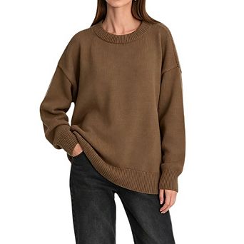 Women Crew Neck Drop Shoulder Oversized Knit Pullover Solid Loose Long Sleeve Casual Sweater Top