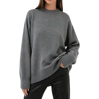 Women Crew Neck Drop Shoulder Oversized Knit Pullover Solid Loose Long Sleeve Casual Sweater Top