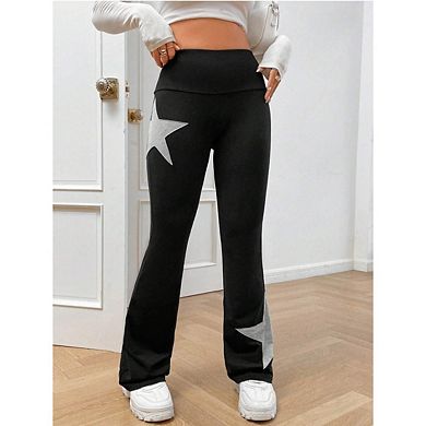 Women's Y2K Fold Over High Waist Star Patch Stretch Slim Casual Workout Trousers