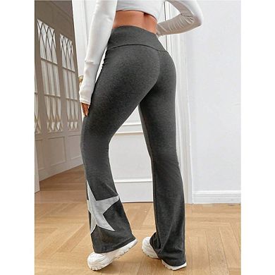 Women's Y2K Fold Over High Waist Star Patch Stretch Slim Casual Workout Trousers