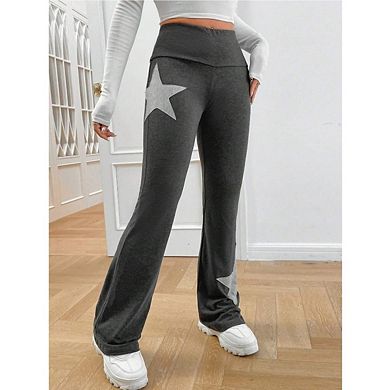 Women's Y2K Fold Over High Waist Star Patch Stretch Slim Casual Workout Trousers