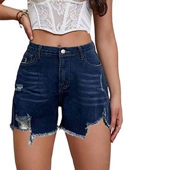 Women's Casual Summer Ripped High Waisted Button Shorts Stretch Distressed Frayed Raw Hem Jeans