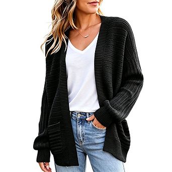 Women Open Front Textured Knit Cardigan Oversized Long Sleeve Casual Sweater Coat With Side Pockets