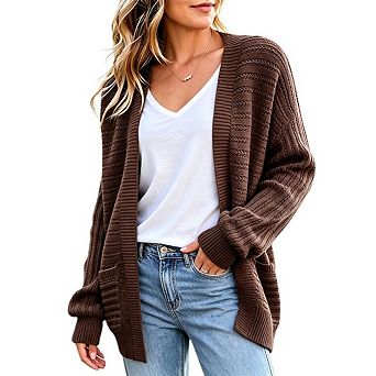 Women Open Front Textured Knit Cardigan Oversized Long Sleeve Casual Sweater Coat With Side Pockets