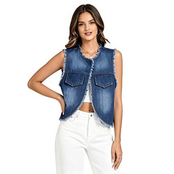 Women Denim Vest Frayed Raw Sleeveless Jacket