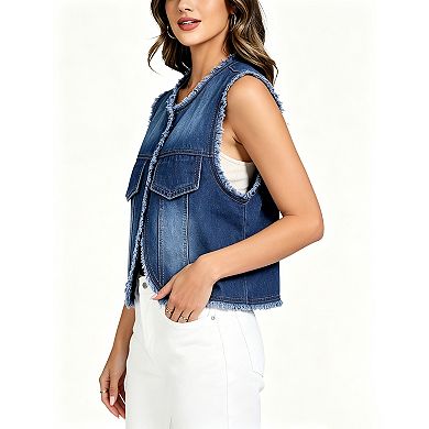 Women Denim Vest Frayed Raw Sleeveless Jacket