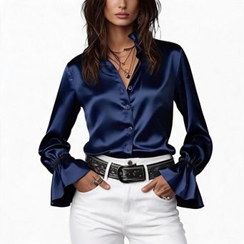Satin Blouses for Women Ruffle Neck Button Down Shirts Long Sleeve Business Casual Tops