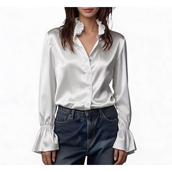 Satin Blouses for Women Ruffle Neck Button Down Shirts Long Sleeve Business Casual Tops
